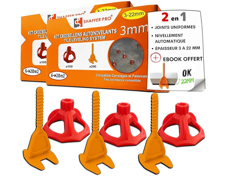 Kit de 400 Croisillons + 200 Cadrans - Carrelage Autonivelants XL - 3 mm - Shaffer Pro