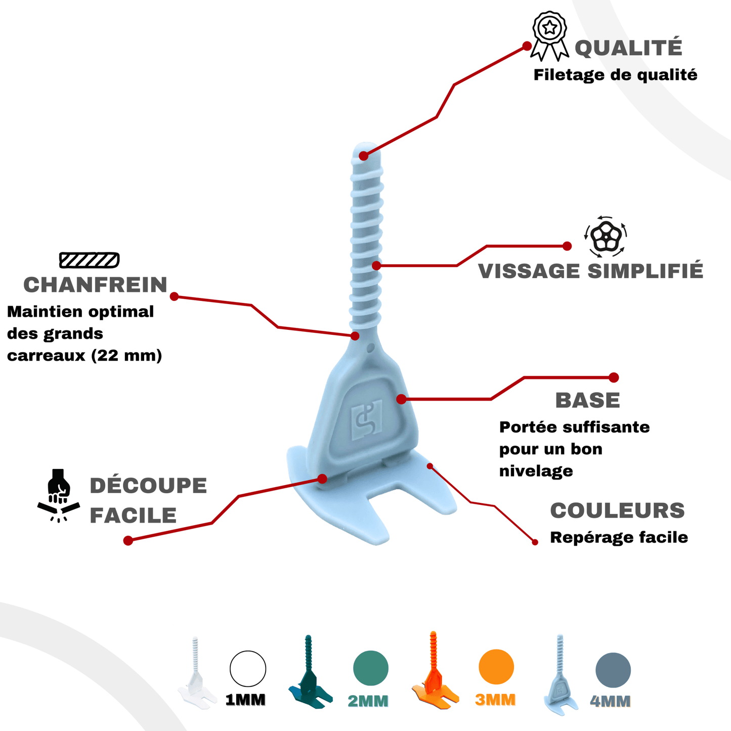 Kit de 200 Croisillons Carrelage Autonivelants XL - 2 mm + 100 cadrans - Hauteur maxi 22 mm - Shaffer Pro - Shaffer Pro