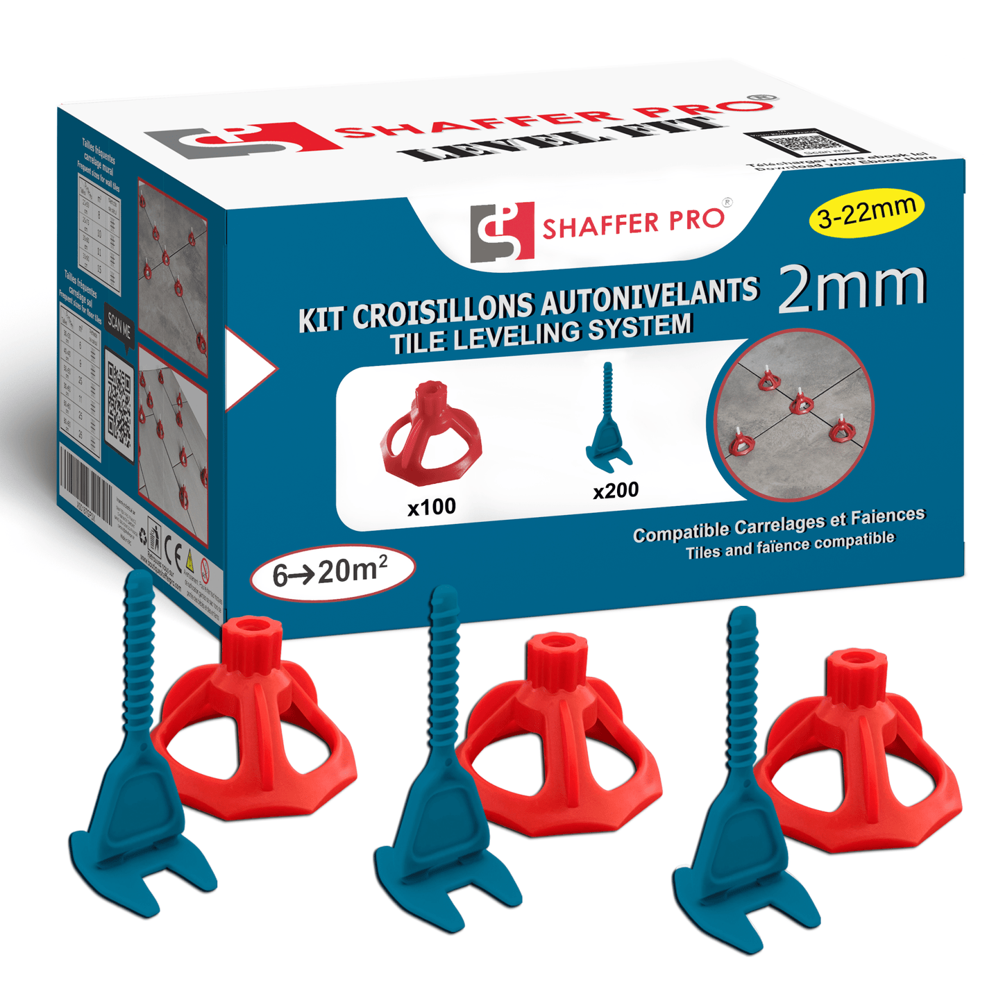 Kit de 200 Croisillons Carrelage Autonivelants XL - 2 mm + 100 cadrans - Hauteur maxi 22 mm - Shaffer Pro - Shaffer Pro