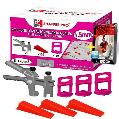 SHAFFER PRO LEVEL FIT- Kit de démarrage - croisillons à cale autonivelante - 1,5 mm - 150 Croisillons + 100 Cales + 1 Pince de serrage - Shaffer Pro