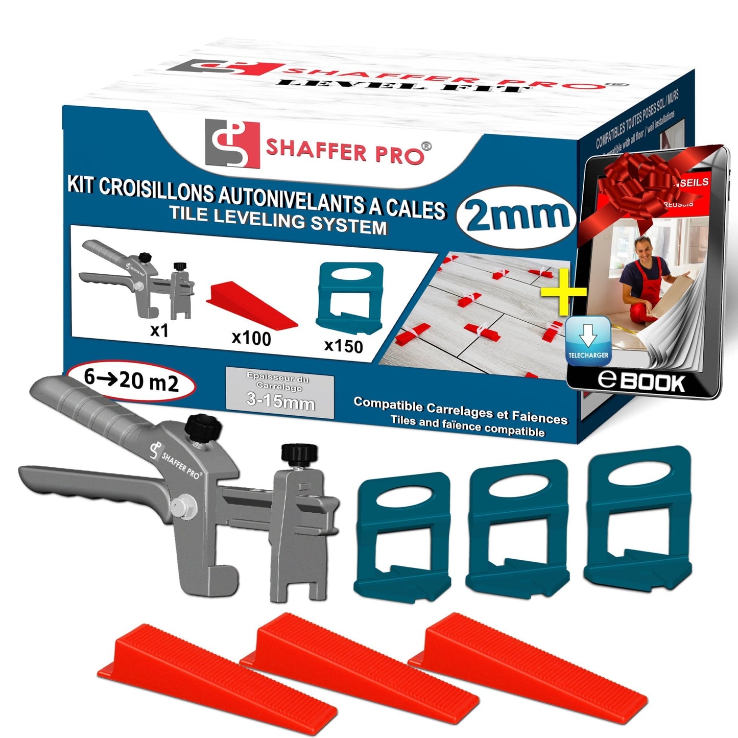 SHAFFER PRO LEVEL FIT- Kit de démarrage - croisillons à cale autonivelante - 2 mm - 150 Croisillons + 100 Cales + 1 Pince de serrage - Shaffer Pro