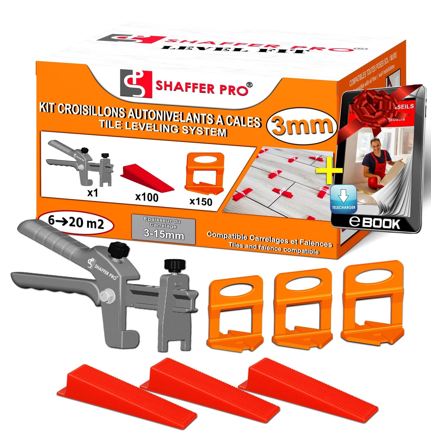 SHAFFER PRO LEVEL FIT- Kit de démarrage - croisillons à cale autonivelante - 3 mm - 150 Croisillons + 100 Cales + 1 Pince de serrage - Shaffer Pro